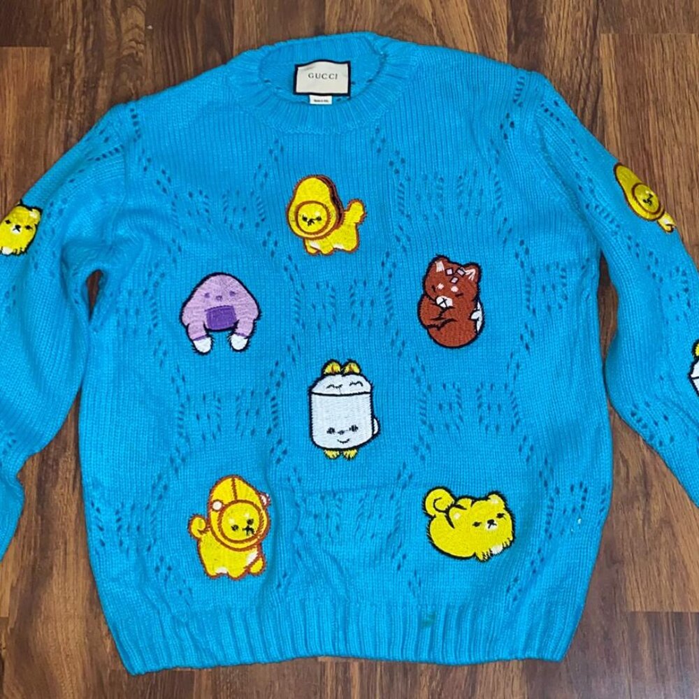 Gucci Knit Cotton Sweater With Animal Embroidery In Blue fits M/L